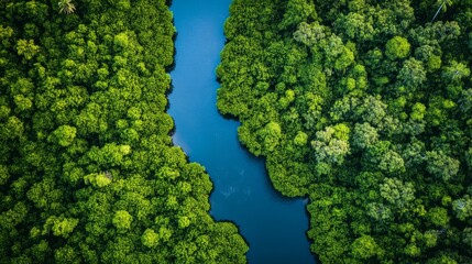 Naklejka premium Aerial View of a Lush Forest with a Winding River