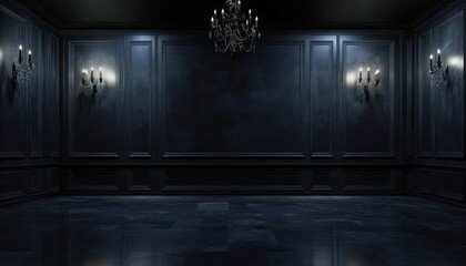Elegant dark room at night with a chandelier and ample copy space for creative use