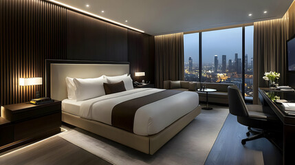 Modern hotel room with city view, elegant design and cozy ambiance.