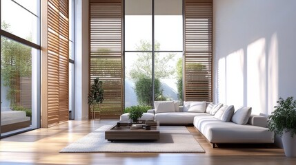 Fototapeta premium A modern living room with blinds on the windows 
