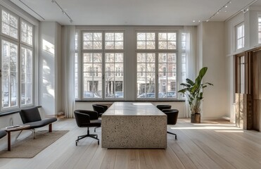 Fototapeta premium Modern conference room with large table and windows in a minimalist office space