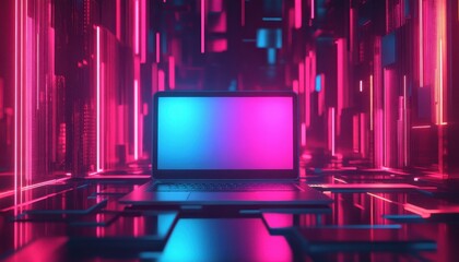 Futuristic neon laptop illustration set in a vibrant digital landscape