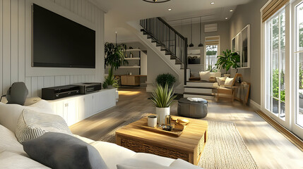 Fototapeta premium Modern living room with natural light and cozy decor.