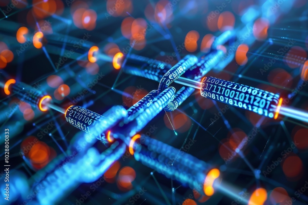 Poster a visual representation of a cryptographic blockchain ,an image showcasing blockchain technology, em