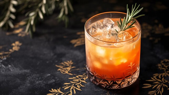 A vibrant rum punch with crushed ice and a sprig of rosemary, placed on a dark charcoal background with elegant gold botanical patterns