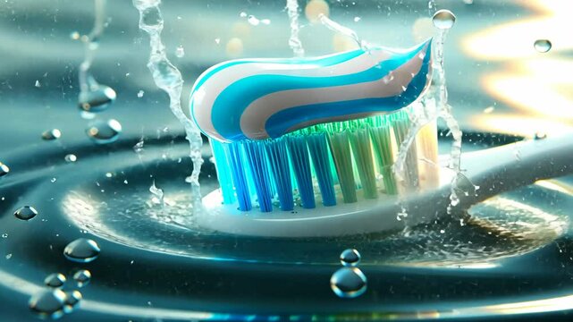 Toothpaste and toothbrush on the water surface. Oral hygiene and teeth brushing process.