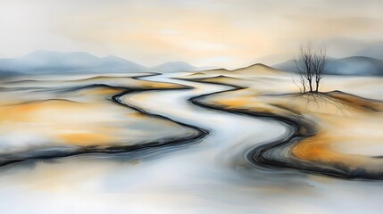 Serene winter landscape with winding river and bare trees