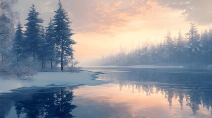 Winter landscape featuring a frozen lake and snow-covered evergreen forest with pastel skies and reflective icy shoreline in a serene Nordic wilderness.