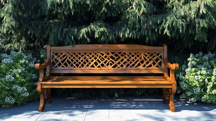 A beautiful wooden decorative bench in a city park against the backdrop of trees.
