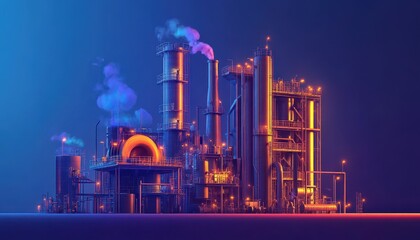 Obraz premium High-tech chemical plant with bright steel pipes at night