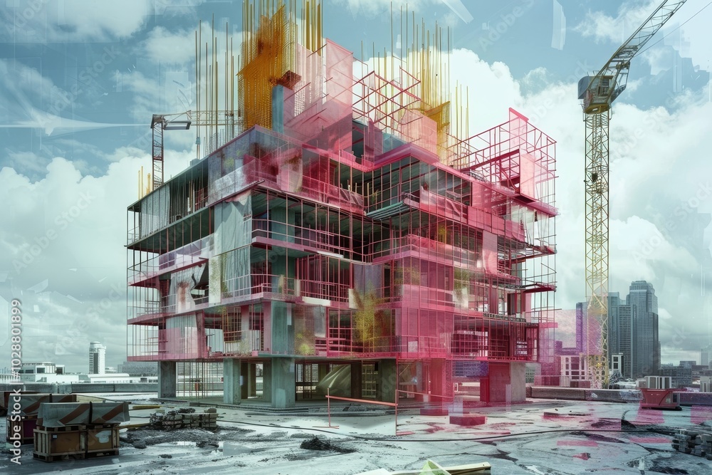 Poster a visualization of a building being constructed, layer by layer ,a partially constructed building fe