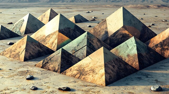 Futuristic geometric pyramids in a desert landscape with rocks