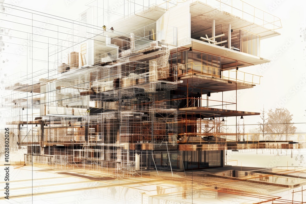 Poster a visualization of a building being constructed, layer by layer ,a partially constructed building su