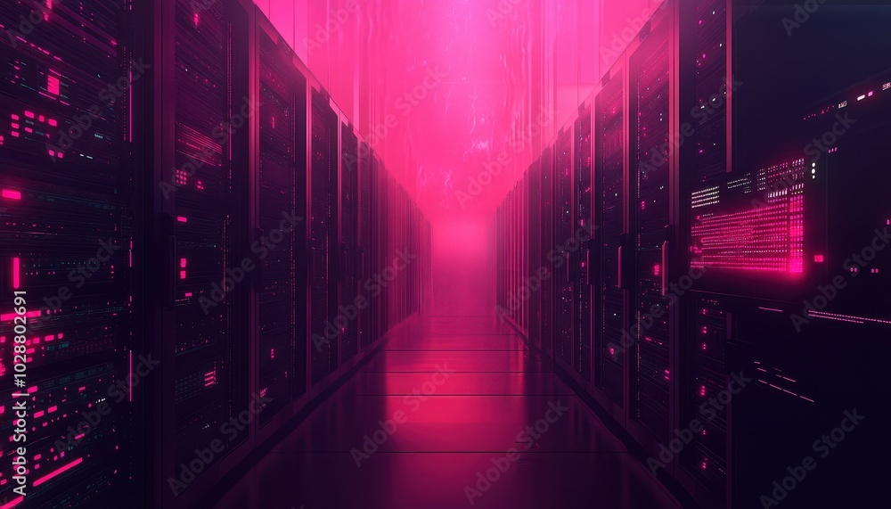 Poster a neon-lit data server center with rows of digital hosting equipment