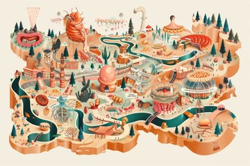 A walk through the digestive system in the style of a theme park map , Cartoon-style map illustration with a multitude of different symbols and landmarks, representing a rich tapestry of locations.