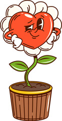 Groovy valentine flower character. Cartoon vector charming potted chamomile bloom with heart-shaped face featuring playful expression evoking sense of joy and romance, retro hippie vibe and affection