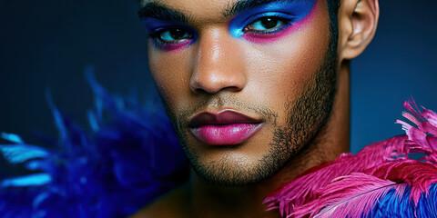 Obraz premium A man with blue and pink feathers on his head and face