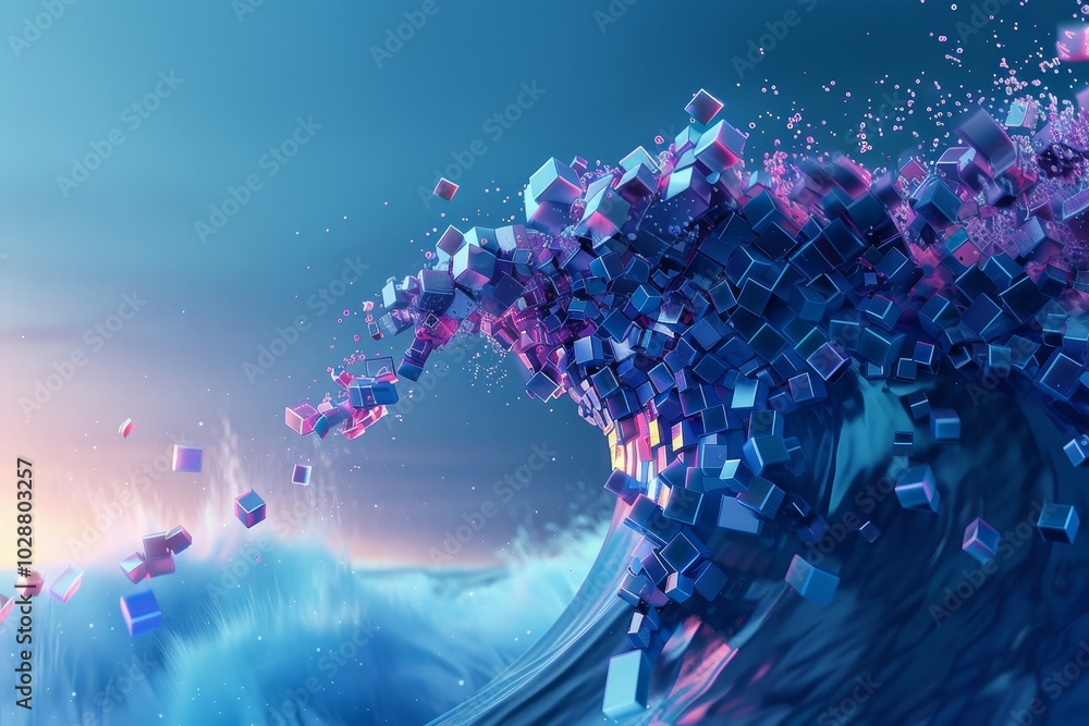 Poster a wave made of flowing blocks representing fluid blockchain transactions ,a dynamic wave of colorful