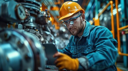 Professional Engineering workers in modern factories use laptop controlling programs for automatic machinery at industrial plants with a steam engine room.