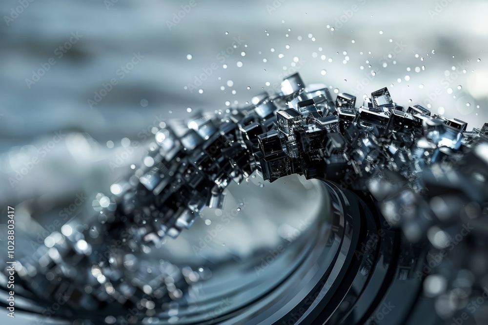 Poster a wave made of flowing blocks representing fluid blockchain transactions ,a cascade of cubes crashes
