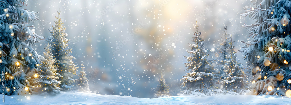 Poster winter background with snow-covered fir trees and bokeh lights.
