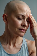 Bald Woman with Headache After Chemotherapy - Cancer Treatment and Healthcare Concept