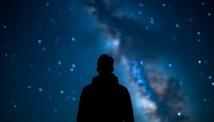 Fototapeta premium Silhouette under starry sky symbolizes cosmic meditation and inner peace.