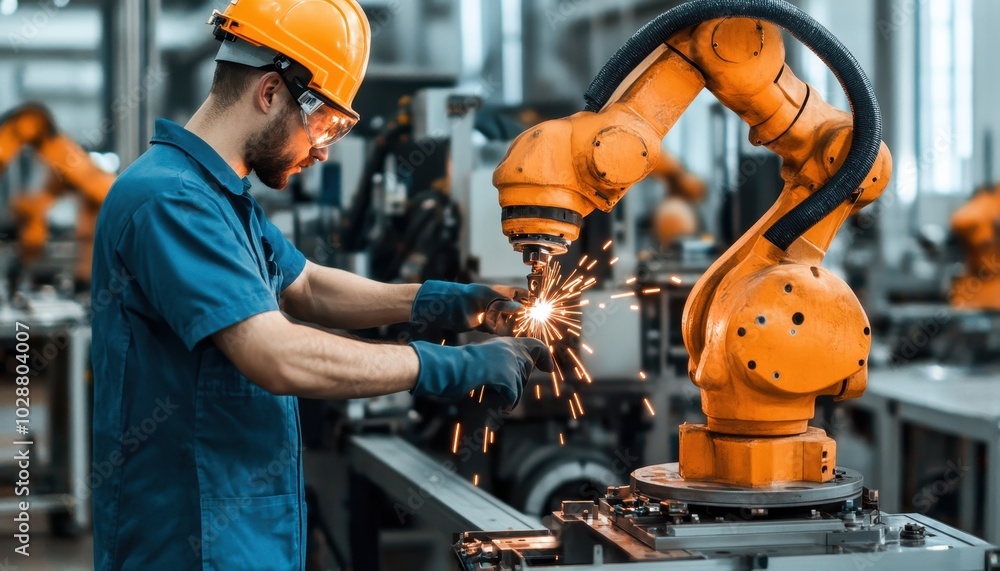 Poster engineer operating robotic arms for welding in automotive factory setting