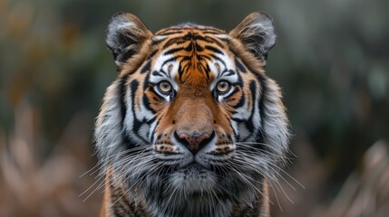 Fototapeta premium Siberian tiger portrait in zoo setting, endangered big cat face, beautiful yet dangerous predator with striped fur, wildlife animal expression showing aggression in jungle.