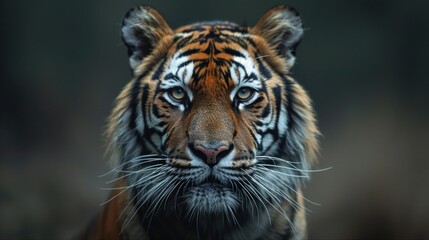 Obraz premium Siberian tiger portrait in zoo setting, endangered big cat face, beautiful yet dangerous predator with striped fur, wildlife animal expression showing aggression in jungle.