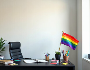 LGBT office, desk with rainbow flag and stationery, blank wall with space for text