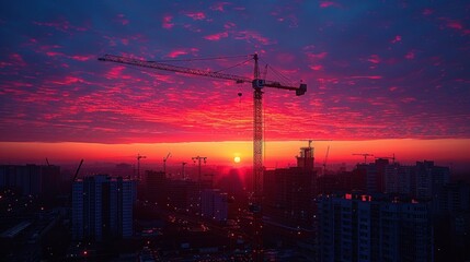 Naklejka premium Silhouette of a construction site at sunset, crane and building shaping the skyline, industry development project with modern architecture.