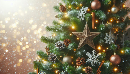 Christmas Tree With ball, snowflake, star, Baubles And Blurred bokeh Shiny Lights