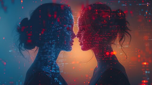 Silhouette of a man and woman, a shadow profile, abstract artificial intelligence, with software and digital code, set against a blue and red contrast, binary futuristic technology human.