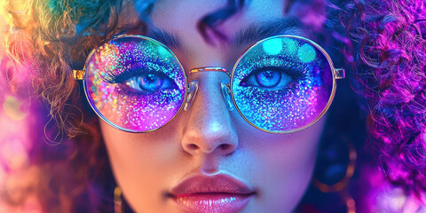 Fototapeta premium A woman with blue eyes and purple hair is wearing colorful glasses