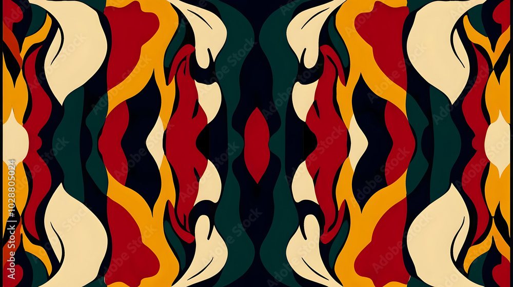 Poster abstract symmetrical design with vibrant colors and flowing shapes.