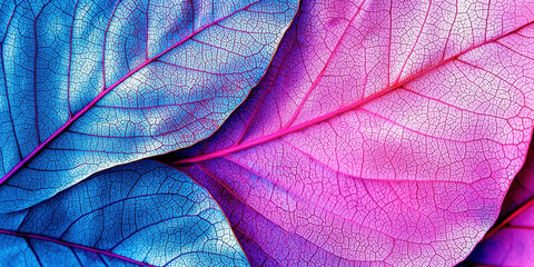 Obraz premium A close up of a leaf with a blue and pink hue