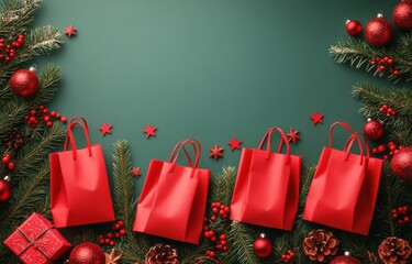 Festive holiday shopping bags surrounded by Christmas decorations on green background