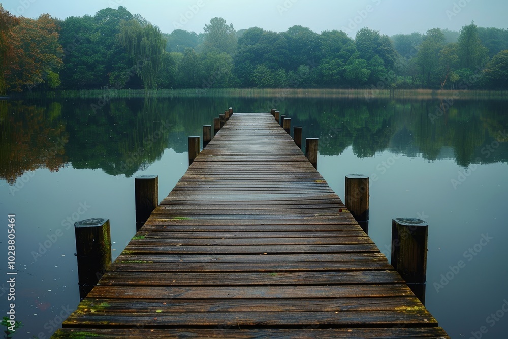 Poster a wooden jetty projecting into a serene lake with a line of trees in the background ,a foggy day obs