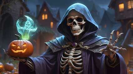 Ghostly Pumpkin Head Taking a Magical Selfie at a Halloween Party