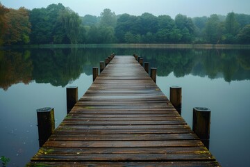 A wooden jetty projecting into a serene lake with a line of trees in the background ,A foggy day obscures the view of a wooden dock extending into calm waters.