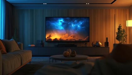 Elegant living room showcasing a large TV screen with captivating visuals