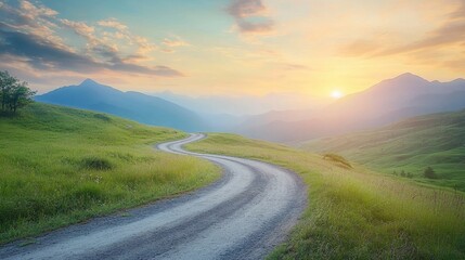 A serene landscape featuring a winding country road leading into the mountains at sunset, capturing the beauty of nature and the tranquility of a summer evening.