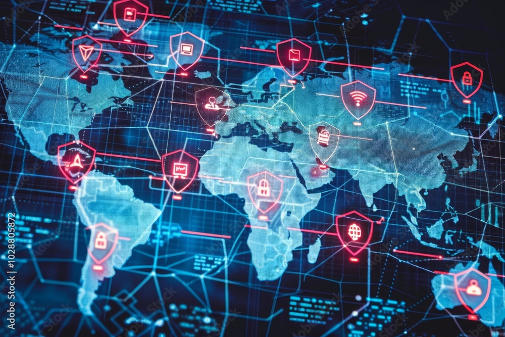 Poster a world map showing global cyber attacks ,a world map adorned with red and green lights, emphasizing