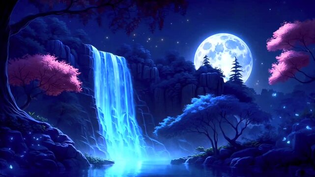 the atmosphere of a waterfall in the mountains when the moon shines