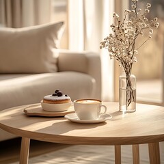 Eine Tasse Kaffee vor einem Tisch auf einem Sofa 