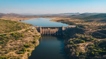 Naklejka premium A wide shot from above, capturing the structure of the dam, the water reservoir, and surrounding landscape, with a clear blue sky in the bac
