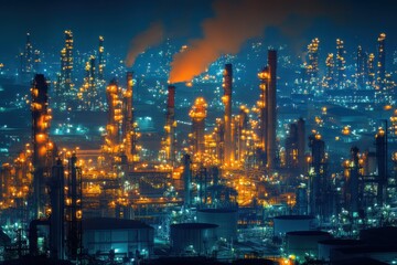 Fototapeta premium Massive oil refinery at night with glowing lights and smoke
