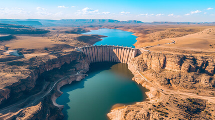 A wide shot from above, capturing the structure of the dam, the water reservoir, and surrounding landscape, with a clear blue sky in the bac