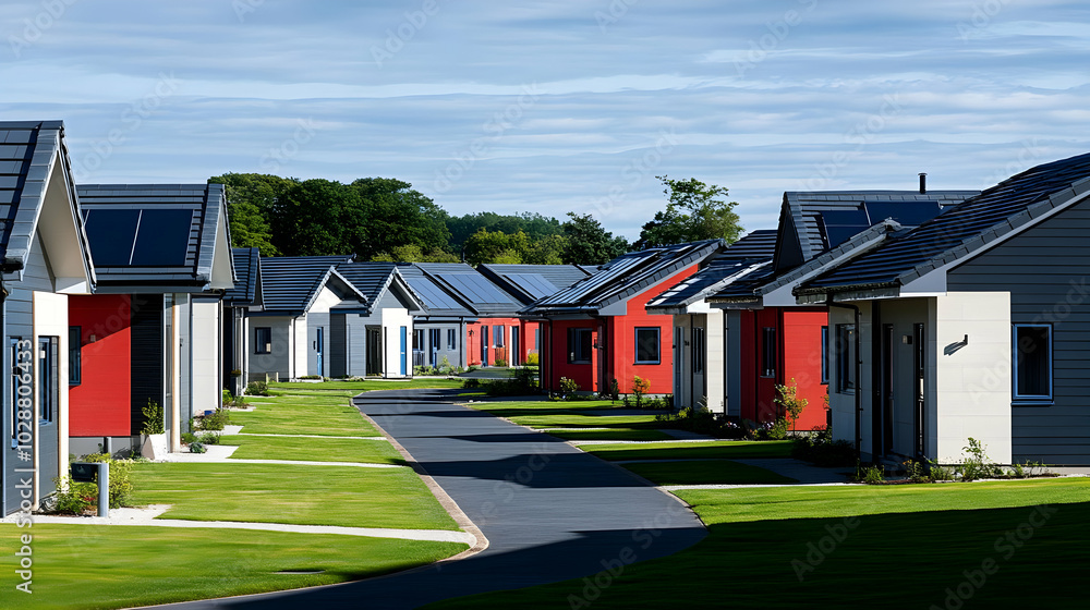 Sticker Modern residential neighborhood with solar panel rooftops.